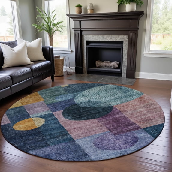 Addison Rugs Mayfield Premium Machine Washable Transitional Geometric Blue Round Rug, 8' x 8'