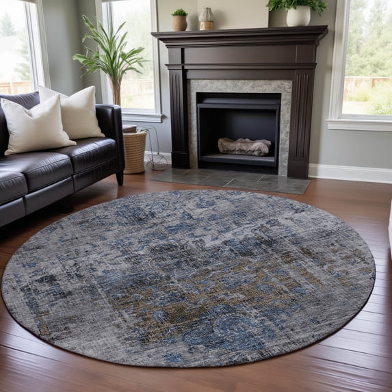 Addison Rugs Mayfield Premium Machine Washable Traditional Global Blue Round Rug, 8' x 8'