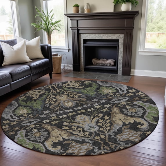 Addison Rugs Mayfield Premium Machine Washable Transitional Global Black Round Rug, 8' x 8'