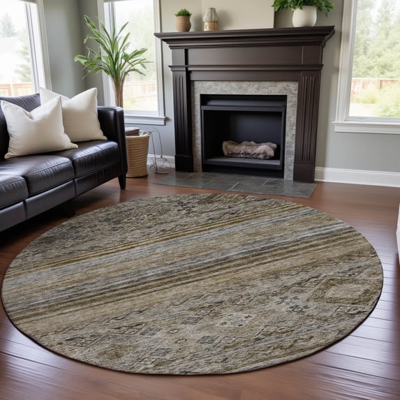 Addison Rugs Mayfield Premium Machine Washable Transitional Global Brown Round Rug, 8' x 8'