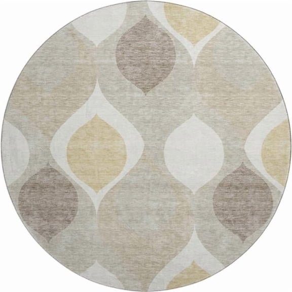 HomeRoots 663038 8 ft. Beige, Ivory & Gold Ogee Washable Round Area Rug with UV Protection