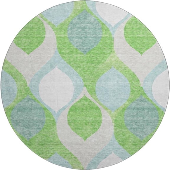 HomeRoots 663074 8 ft. Lime Green Blue & Ivory Ogee Washable Round Area Rug with UV Protection