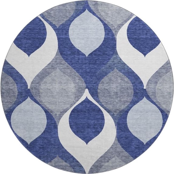 HomeRoots 663080 8 ft. Navy Blue, Ivory & Gray Ogee Washable Round Area Rug with UV Protection
