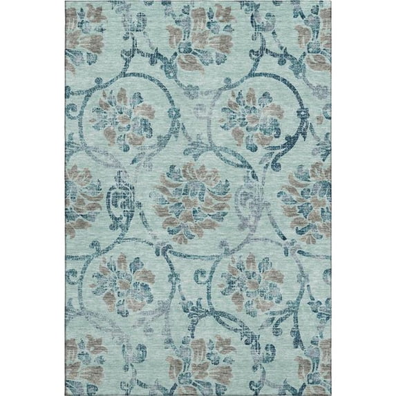 HomeRoots 664008 10 x 14 ft. Teal & Gray Floral Traditional Washable Machine Made Rectangle Area Rug with UV Protection