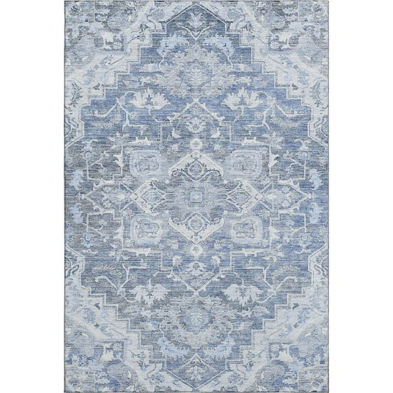 HomeRoots 664737 9 x 12 ft. Denim Blue, Ivory & Gray Floral Medallion Washable Machine Made Rectangle Area Rug with UV Protection