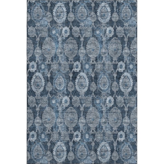 HomeRoots 666561 3 x 5 ft. Navy Blue & Gray Damask Washable Machine Made Rectangle Area Rug with UV Protection