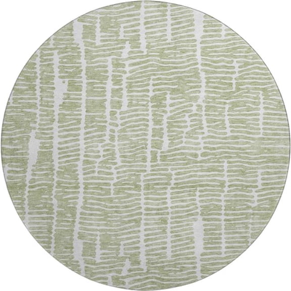 HomeRoots 666833 8 ft. Artichoke Green & Ivory Vermicular Washable Round Area Rug with UV Protection