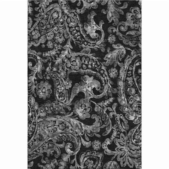 HomeRoots 666976 5 x 8 ft. Black & Silver Paisley Washable Machine Made Rectangle Area Rug with UV Protection