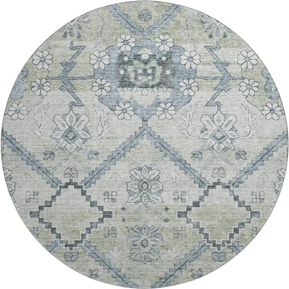 HomeRoots 667201 8 ft. Artichoke Green & Gray Floral Transitional Washable Round Area Rug with UV Protection