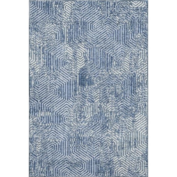 HomeRoots 672522 8 x 10 ft. Navy Blue & Ivory Geometric Transitional Washable Machine Made Rectangle Area Rug with UV Protection
