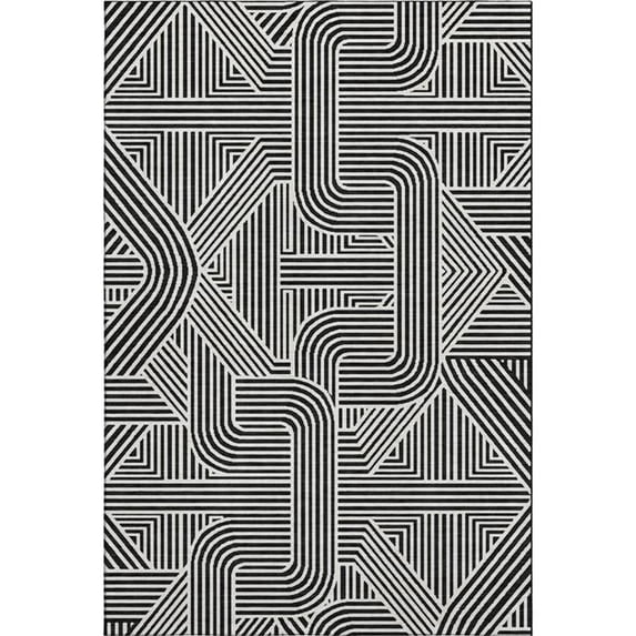HomeRoots 672885 8 x 10 ft. Black & Ivory Abstract Geometric Transitional Washable Machine Made Rectangle Area Rug with UV Protection
