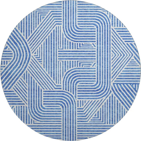HomeRoots 672890 8 ft. Blue & Ivory Abstract Geometric Transitional Washable Round Area Rug with UV Protection