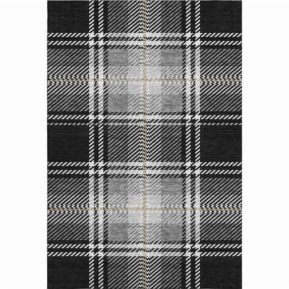 HomeRoots 674289 5 x 8 ft. Black Ivory & Gold Plaid Washable Machine Made Rectangle Area Rug with UV Protection