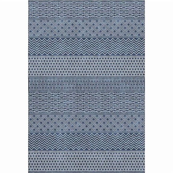 HomeRoots 674806 8 x 10 ft. Navy Blue & Ivory Striped Transitional Washable Machine Made Rectangle Area Rug with UV Protection