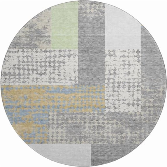 HomeRoots 674937 8 ft. Gray Gold & Mint Green Geometric Washable Round Area Rug with UV Protection