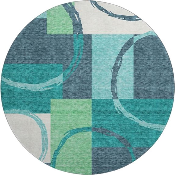 HomeRoots 675093 8 ft. Teal Ivory & Green Geometric Washable Round Area Rug with UV Protection