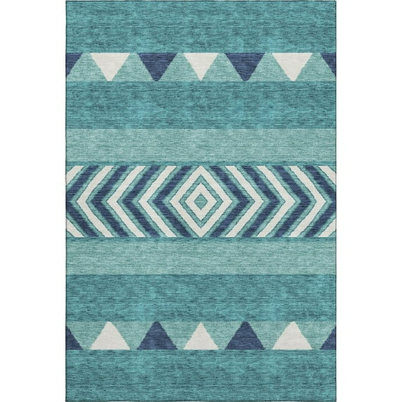 HomeRoots 676444 8 x 10 ft. Teal Navy Blue & Ivory Southwestern Washable Machine Made Rectangle Area Rug with UV Protection