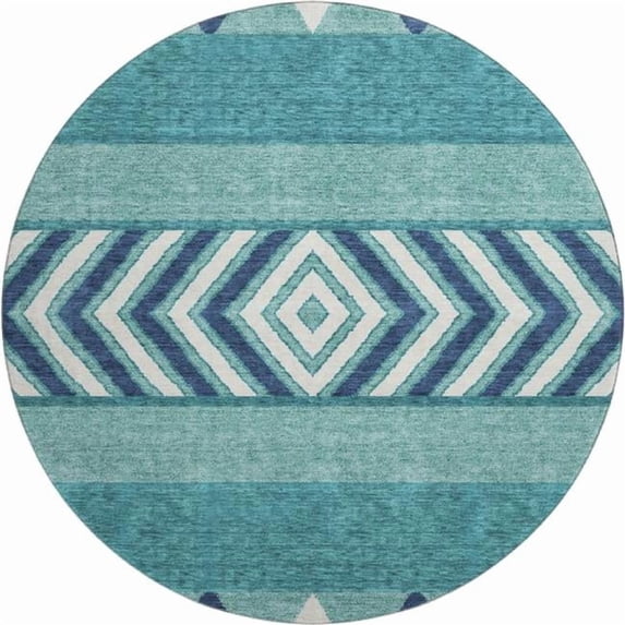 HomeRoots 676443 8 ft. Teal Navy Blue & Ivory Southwestern Washable Round Area Rug with UV Protection