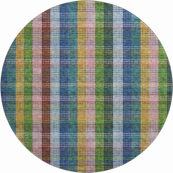 HomeRoots 676467 8 ft. Navy Blue, Green & Gold Plaid Washable Round Area Rug with UV Protection