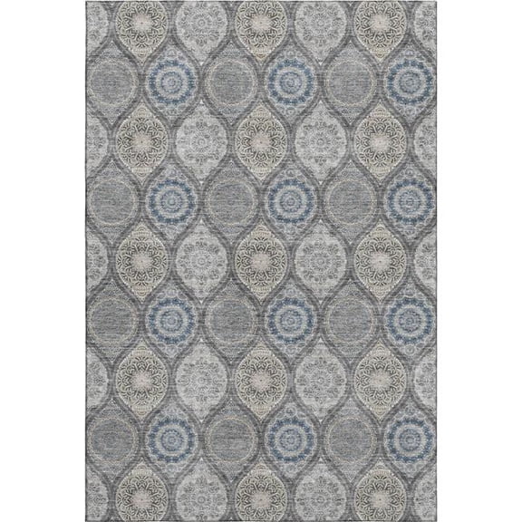 HomeRoots 677082 10 x 14 ft. Gray Navy Blue & Beige Ogee Washable Machine Made Rectangle Area Rug with UV Protection