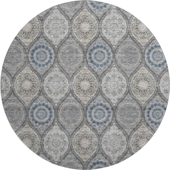 HomeRoots 677079 8 ft. Gray Navy Blue & Beige Ogee Washable Round Area Rug with UV Protection