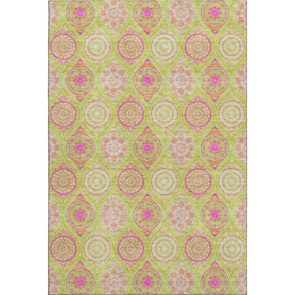 HomeRoots 677092 8 x 10 ft. Lime Green Pink & Ivory Ogee Washable Machine Made Rectangle Area Rug with UV Protection