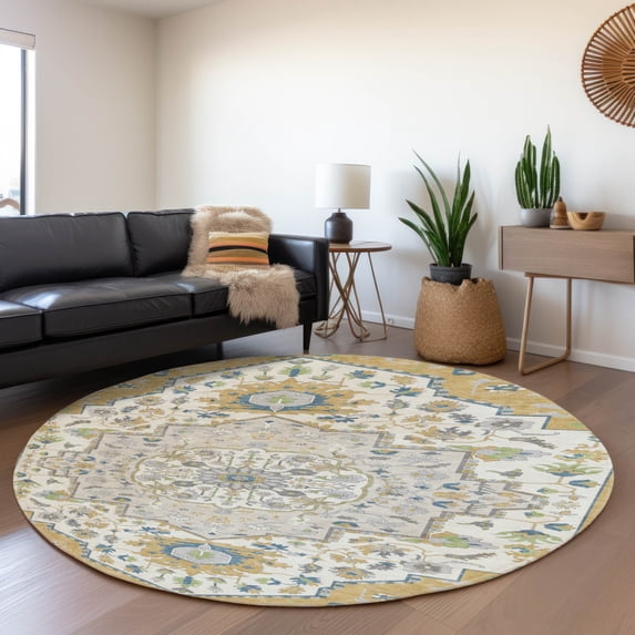 Addison Rugs Mayfield Premium Machine Washable Traditional Oriental Gold Round Rug, 8' x 8'