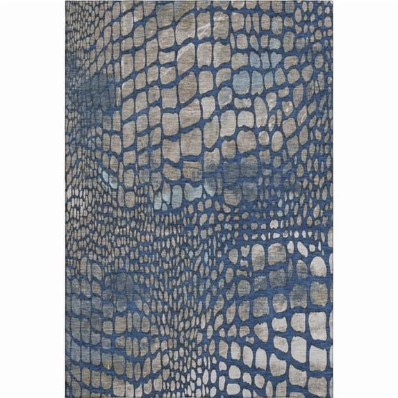 HomeRoots 677935 5 x 8 ft. Navy Blue, Gray & Taupe Abstract Geometric Washable Machine Made Rectangle Area Rug with UV Protection