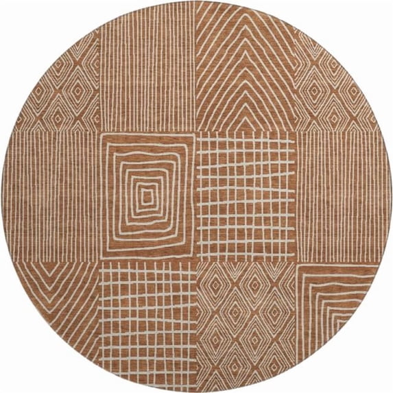 HomeRoots 678098 8 ft. Rust & Ivory Geometric Transitional Washable Round Area Rug with UV Protection