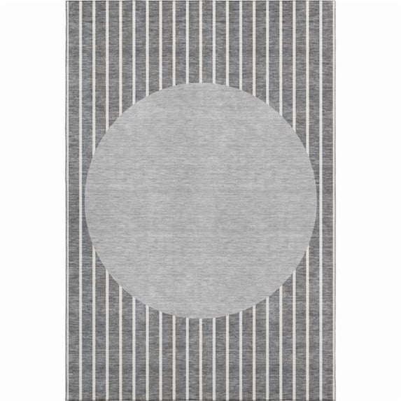 HomeRoots 678289 5 x 8 ft. Gray, Ivory & Silver Striped Washable Machine Made Rectangle Area Rug with UV Protection