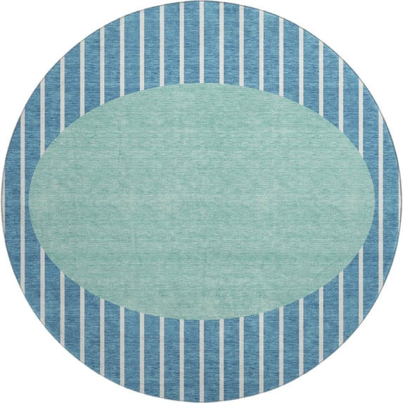 HomeRoots 678326 8 ft. Teal Ivory & Aqua Striped Washable Round Area Rug with UV Protection