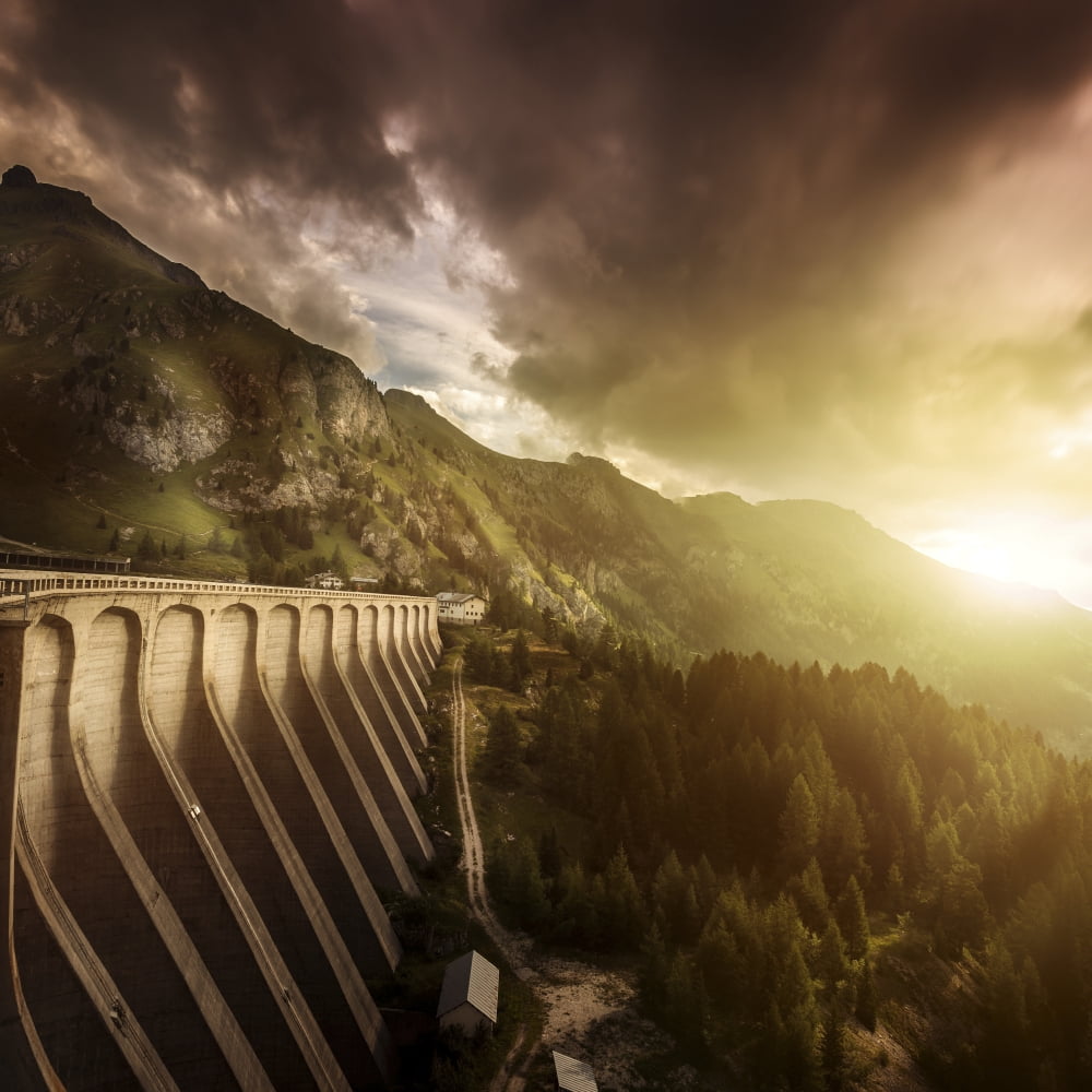 Dam in a forest on Lake Fedaia at sunset Northern Italy Canvas Art - Evgeny KuklevStocktrek Images (29 x 29)