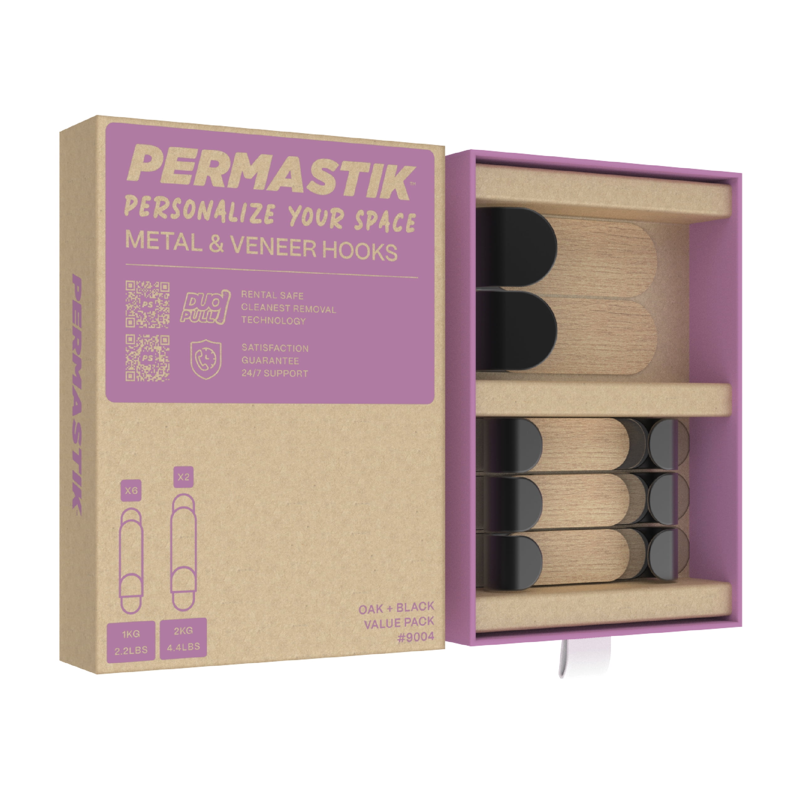 Permastik Adhesive Wall Hooks (8 Pack) – Damage-Free Removable Decorative Hooks, Black Metal & Oak Veneer Medium & Large Hooks for Kitchen, Bathroom & Home