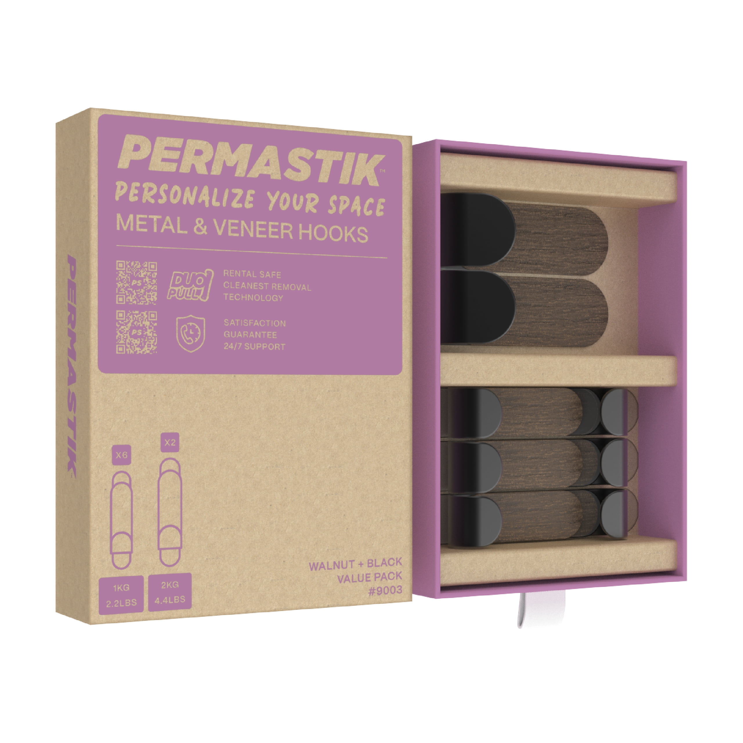 Permastik Adhesive Wall Hooks (8 Pack) – Damage-Free Removable Decorative Hooks, Black Metal & Walnut Veneer Medium & Large Hooks for Kitchen, Bathroom & Home