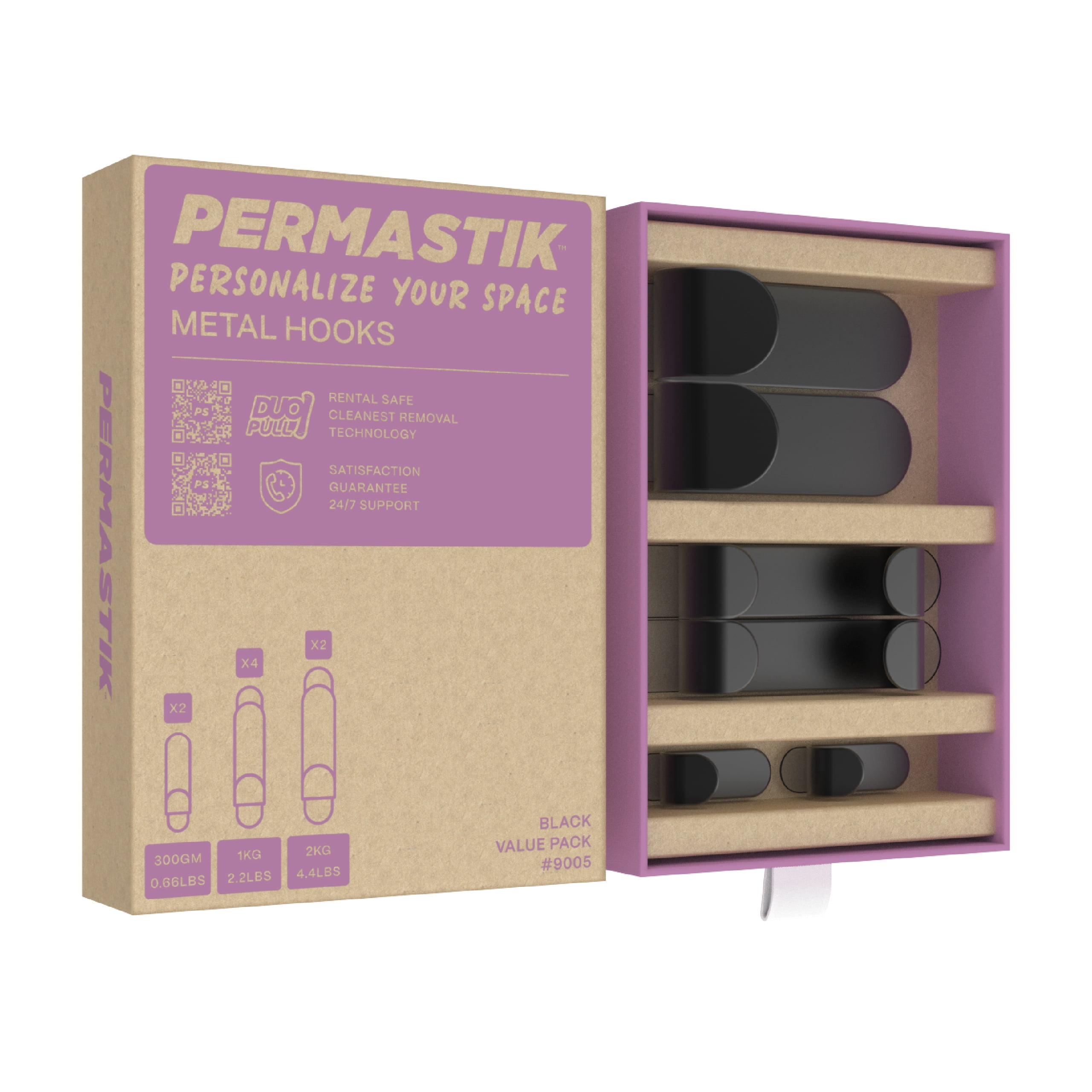 Permastik Adhesive Wall Hooks (8 Pack) – Damage-Free Removable Hooks, Mixed Sizes (2 Small, 4 Medium, 2 Large), Black Metal for Kitchen & Bathroom
