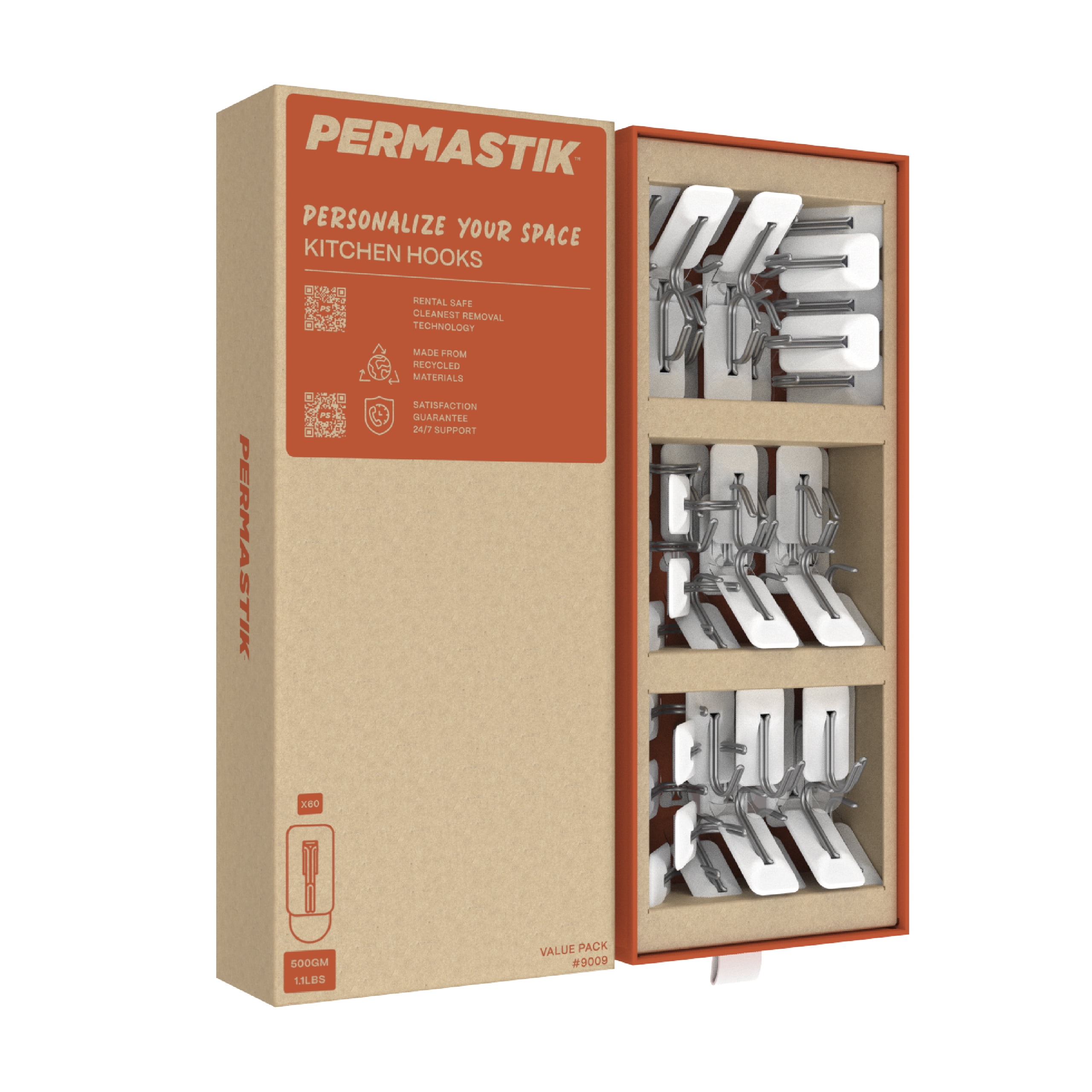 Permastik Adhesive Wall Hooks (60 Pack) – Damage-Free Removable Hooks, Small Kitchen Hooks for Hanging Utensils, Keys & Home Organisation