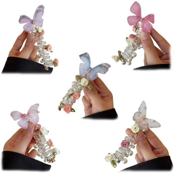 No Damage Soft Elastic Spiral Hair Ties, Colorful Pearl Butterfly Phone Cord Coils Scrunchies Hair Ties for  Sleepyties Thick Hairs, Ponytail Holders Accessories for Girl Women