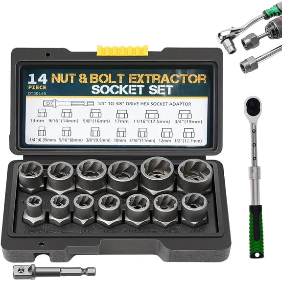 Damaged Screw and Bolt Extractor Set, 14 Piece Nut & Bolt Extractor Socket Set,1/4" TO 3/8" Drive Impact Stripped Bolt Remover Tool