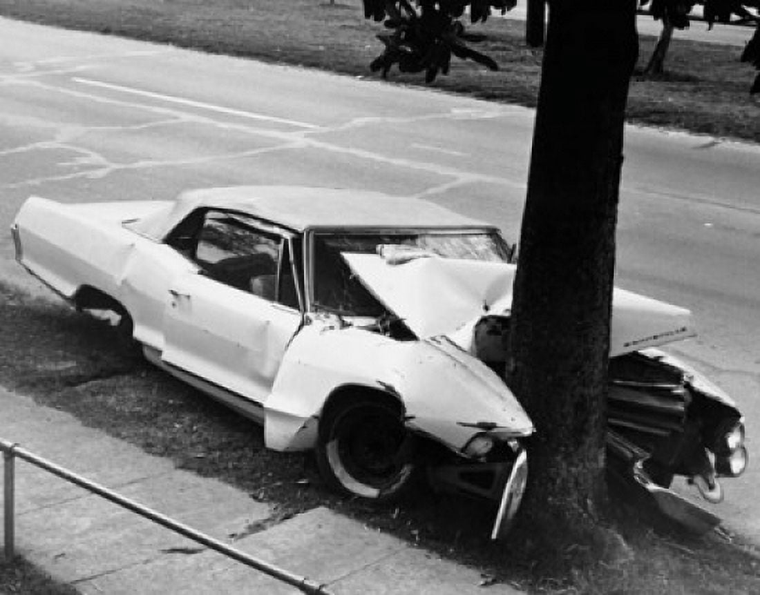 Damaged car after hitting a tree Canvas Art - (18 x 24)