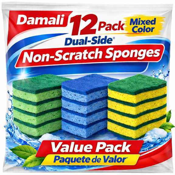 Damali 12 Pack Mixed Color Dish Sponges, Dual-Sided Non-Scratch Cellulose Kitchen Scrub Sponges for Dishes, Pots & Pans, Cleaning Sponge Set, Multipurpose Household Scrubber,