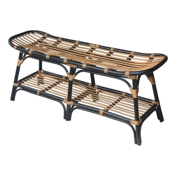 NPD Furniture Damara 19" Rattan Bench with Shelf in Black