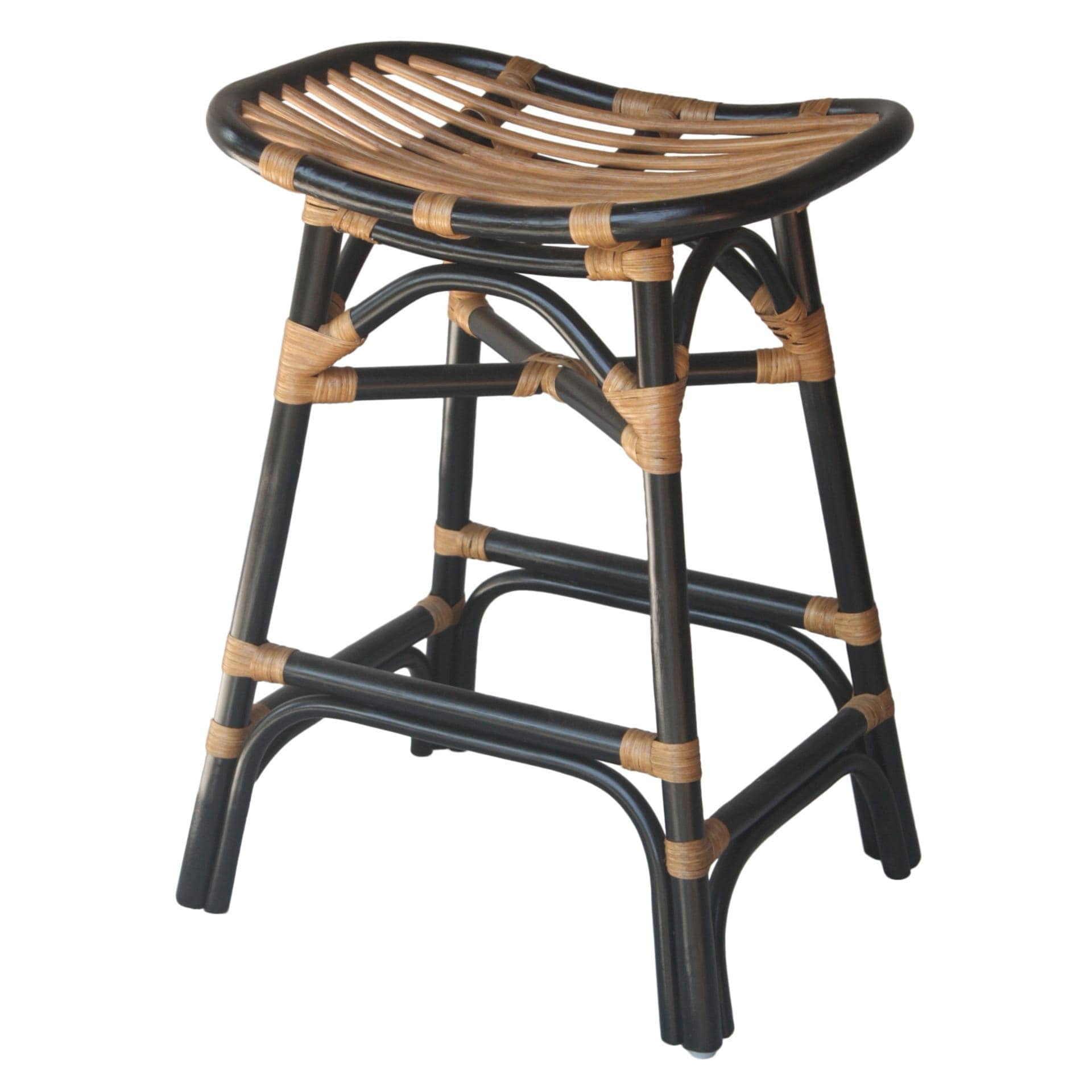 Boho-Chic Black Rattan 24" Backless Saddle Counter Stool