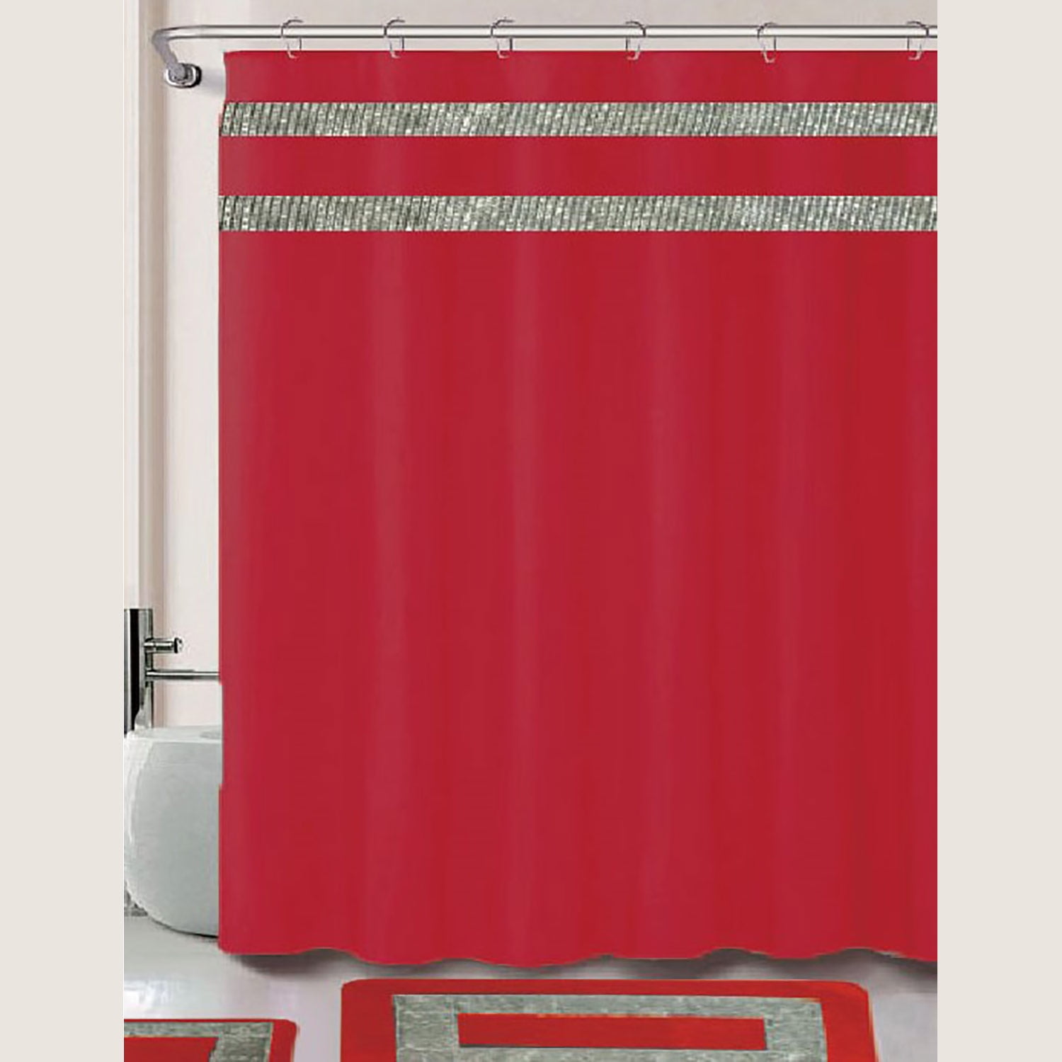 Damaris Diamond 15 Piece Bathroom Mats and Shower Curtain Set, Red