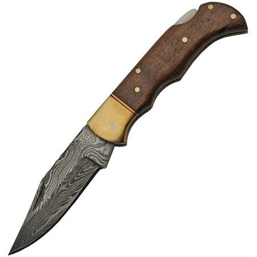 SANZ 3.75 Inch Wooden Lockback Folding Utility Knife Damascus Pattern Blade Wood Handle with Leather Sheath