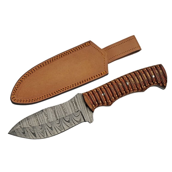 SANZ 9.25" Twirling Crimson Full Tang Damascus Steel Blade Knife Custom Handmade Golden Yellow Twisted Wood Outdoor Knife with Sheath