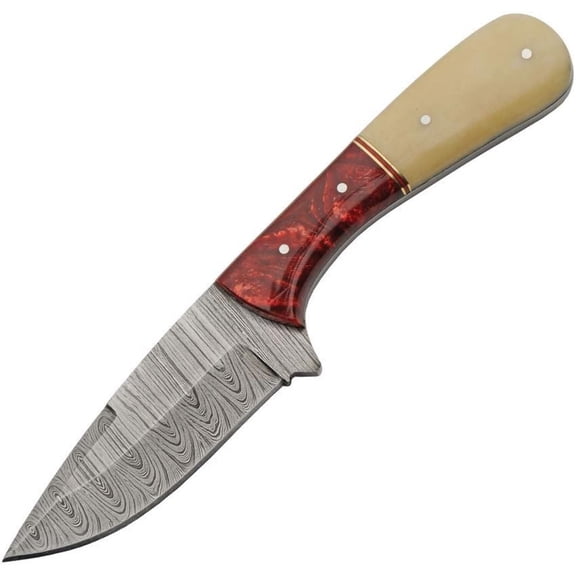SANZ 8.5 Skinner Knife Damascus Steel Blade Steel Pins Camel Bone Acrylic Handle with Leather Sheath