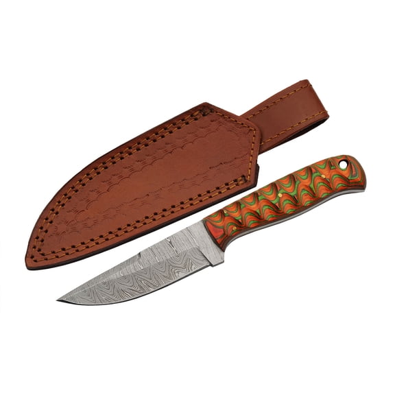 SANZ 8 Inch Exotic Hunter Knife Damascus Steel Blade Full Tang Grooved Wood Handle Lanyard Hole Leather Sheath Outdoor Fixed Blade