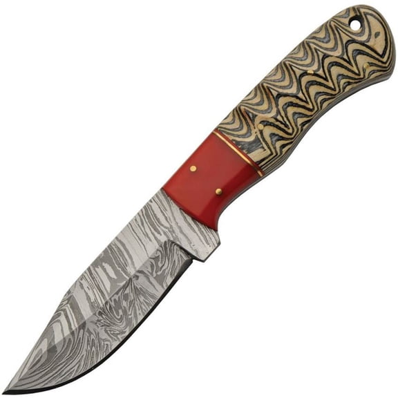 SANZ  8.5-Inch Red Haze Kiri Hunter Knife with Damascus Blade, Pakkawood Handle, Brass Pins, and Leather Sheath