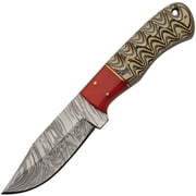 SANZ 8.5-Inch Red Haze Kiri Hunter Knife with Damascus Blade, Pakkawood Handle, Brass Pins, and Leather Sheath