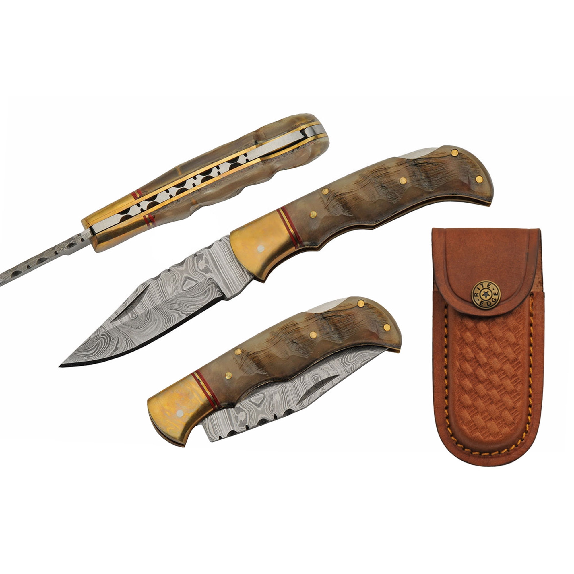 SANZ 3.75 Inch Lockback Folding Knife with Damascus Blade, Ram Horn Handle, Brass , File Work and Leather Sheath Pocket Knife
